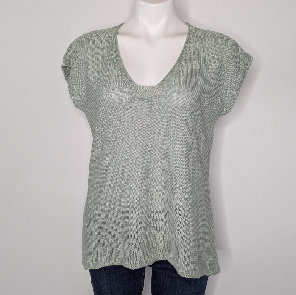 Eileen Fisher Light Green Scoop Neck Short Sleeve Loose Knit Hemp Sweater M